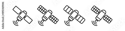 Set of four line art icons depicting satellites with solar panels and signal waves