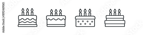 Collection of four simple line art birthday cakes with candles, perfect for celebrations