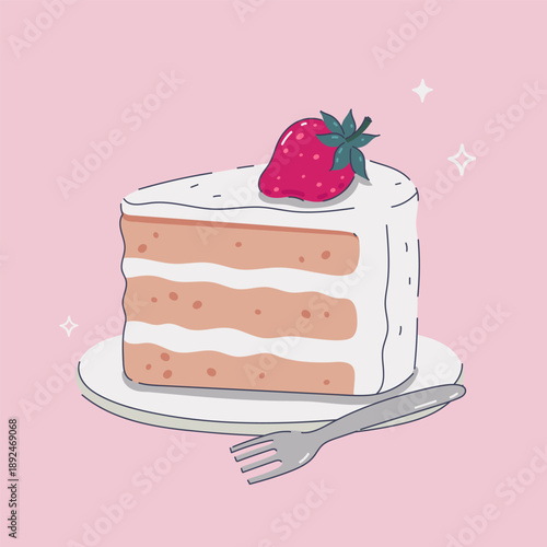 A slice of cake with white cream and strawberries. Vector graphics.