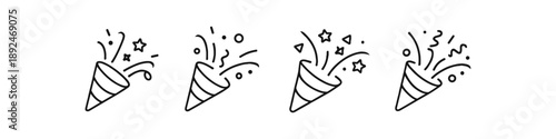 Set of four line art icons depicting party poppers exploding with confetti and stars