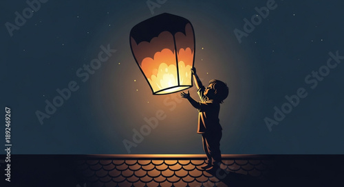 Child holding glowing lantern at night releasing wishes into darkness warm light