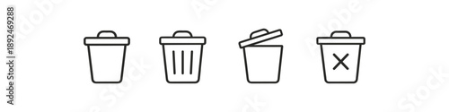Collection of four simple line art icons representing trash cans and waste bins