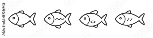 Set of four simple line art fish icons with subtle variations in detail