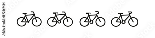 Four simple line art icons of bicycles arranged horizontally on a white background