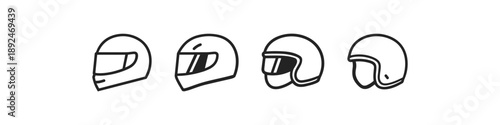 Collection of four distinct motorcycle helmet icons in a simple line art style