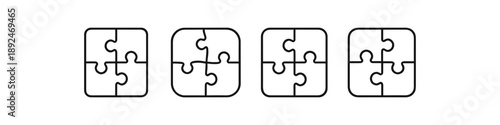 Four puzzle pieces arranged in a row, symbolizing teamwork and problem-solving