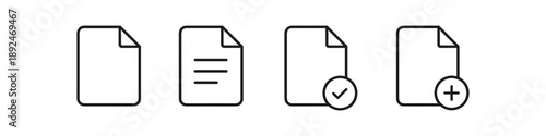 Set of four document icons representing different file actions and states