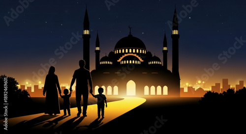 Family walking towards illuminated mosque at dusk with city skyline ramadan or islamic holiday concept with silhouettes