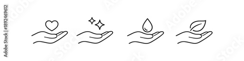 Set of four hands holding icons: heart, sparkles, water drop, and leaf