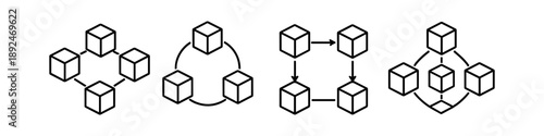 Set of abstract network diagrams showing interconnected cubes in various configurations