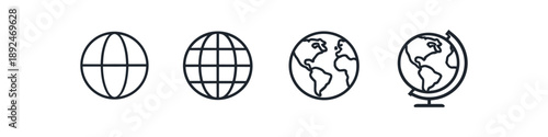 Set of four globe icons showing different levels of detail and representation of Earth
