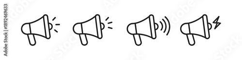 Collection of four megaphone icons representing different types of announcements and alerts