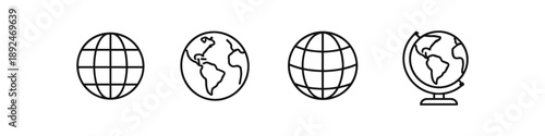 Set of four simple line art globe icons representing Earth and global concepts