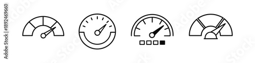 Set of four simple line icons representing speedometers and gauges with varying designs
