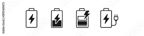 Set of four battery icons showing different charge levels and charging status