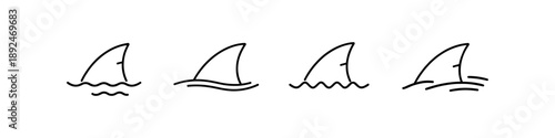 Set of four simple line art shark fins breaking the water surface in a row