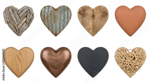 Rustic heart set including driftwood, corrugated metal, natural wood, clay, copper, and wicker materials isolated. Decorative symbol and craft collection.