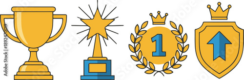 Set of four golden award icons including a trophy cup, star prize, first-place laurel medal, and crowned shield. Vector illustration of winner symbols in yellow and blue flat style representing succes