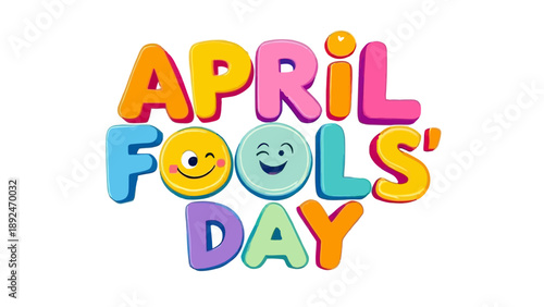 Colorful April Fools Day typography with playful letters and smiling face illustration. Fun holiday celebration concept suitable for jokes, humor themes, social media, posters, and festive designs