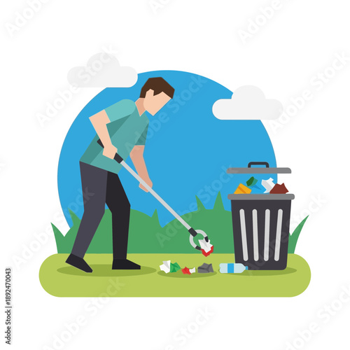 Person collecting trash from a green area into a black garbage bin.