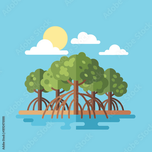 Illustration of mangrove trees with roots extending into water under a sunny sky.