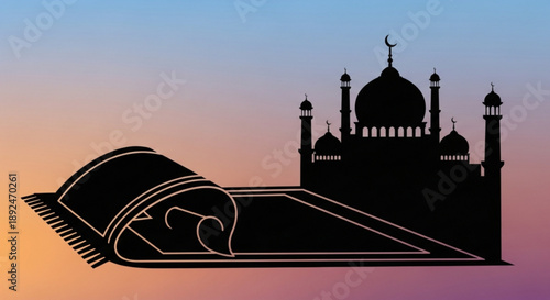 Islamic prayer mat and mosque silhouette at sunset ramadan concept with gradient background