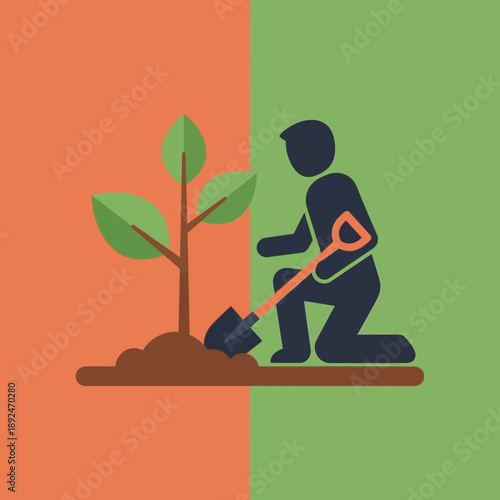 Silhouette of a person planting a young tree with a shovel.