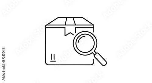 Outline icon of a package with a magnifying glass, representing inspection, quality control, and delivery tracking.