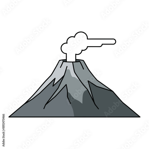 Cartoon-style erupting volcano with smoke and ash plume.