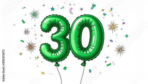 Green cartoon style balloon shaped as number 30 with confetti on white background. Illustration for birthday or anniversary party
