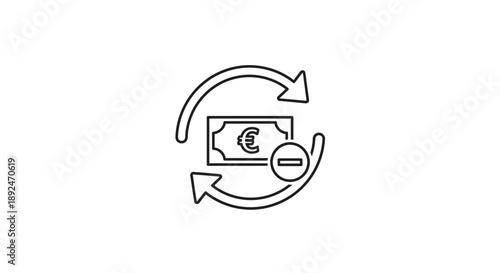 Euro banknote with a circular arrow and minus symbol, representing currency exchange, deduction, or loss of money.