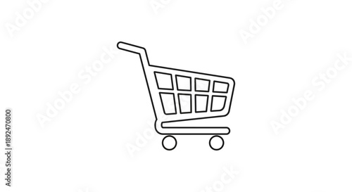 Clean line art icon of an empty shopping cart, representing online shopping, retail, commerce, and e-commerce activities.