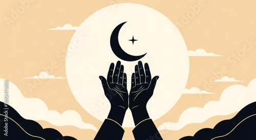Hands holding crescent moon and star under full moon sky with clouds symbolizing spirituality and hope