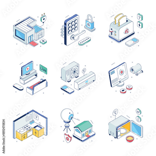 Visually appealing isometric illustrations set of smart home and modern technology