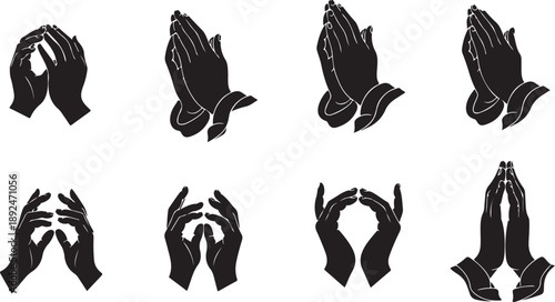 Praying Hands in Various Positions and Gestures Silhouette Set