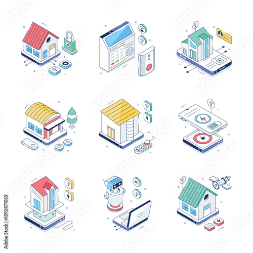 Customizable isometric illustration of smart home in trendy style