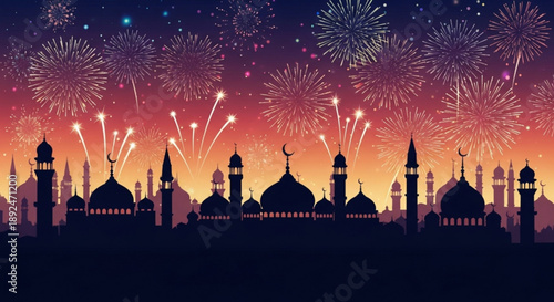 Vibrant mosque silhouette with fireworks display at sunset celebrating ramadan or eid al fitr with colorful sky and festive atmosphere