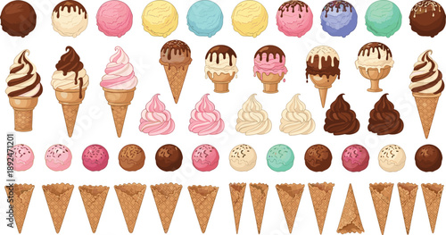 Collection of pixel art ice cream scoops, soft serve cones, and waffle cones isolated on white for bakery menus, summer desserts, and game assets design