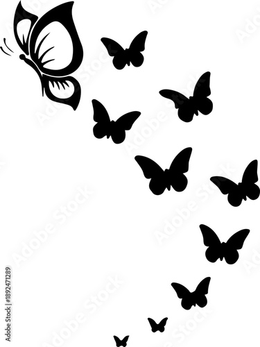 Black butterfly swarm flying in a formation elegant vector illustration for design symbolizing freedom and transformation isolated on white Background