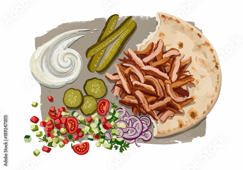 Doner Kebab Meat on Plate with Vegetables.