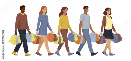 Vector Illustration Group Shopping and Excitement 