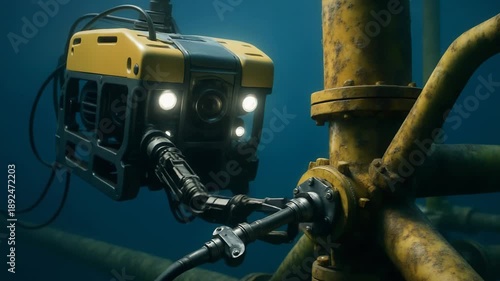 An underwater ROV inspects a subsea oil rig structure. Its robotic arm connects to the yellow pipeline.