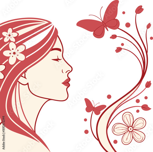 Elegant woman with closed eyes and flowers in her hair surrounded by natural beauty 