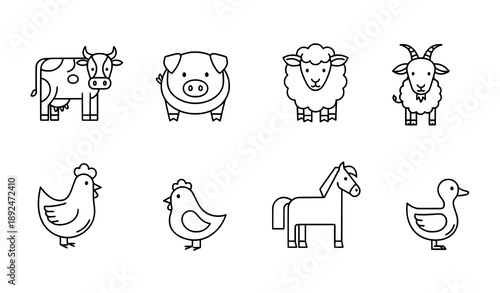 Minimal Line Farm Animal Icons with Cute Cartoon Livestock Vector Set