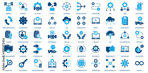 Business Integration icon set. Containing merger, synergy, alliance, network, workflow, ERP, CRM icon. Dual Tone style