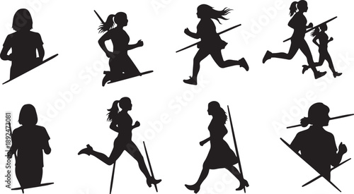 Silhouette of women running with ski poles in various poses