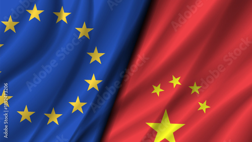Vector political and economic poster. Wavy European Union and Peoples Republic of China flags. Finance, business and trade agreement