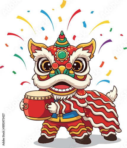 Colorful lion dance performance costume character.