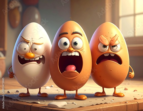 Three anthropomorphic eggs with shocked expressions