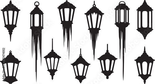 Black Silhouettes of Various Lanterns on White Background Illustration